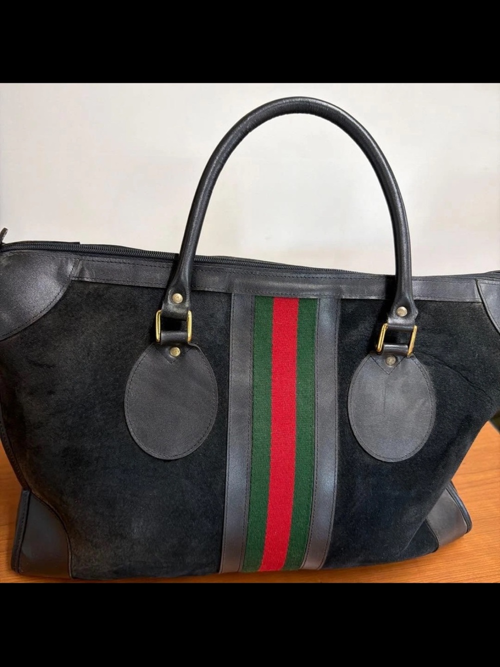 Gucci Black Suede Satchel with Signature Green & Red Web Stripe